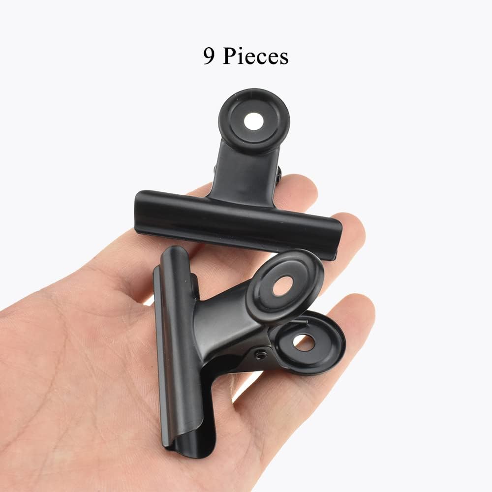 HAHIYO 2.5inch Black Bulldog Clips Metal File Hinge Binder Clips Clamps Save Space Strong Spring Jaws Rock Solid Grip Book Lay Flat Deburred Edge for Hang Photos Wall Grid Dog Food 9PCS