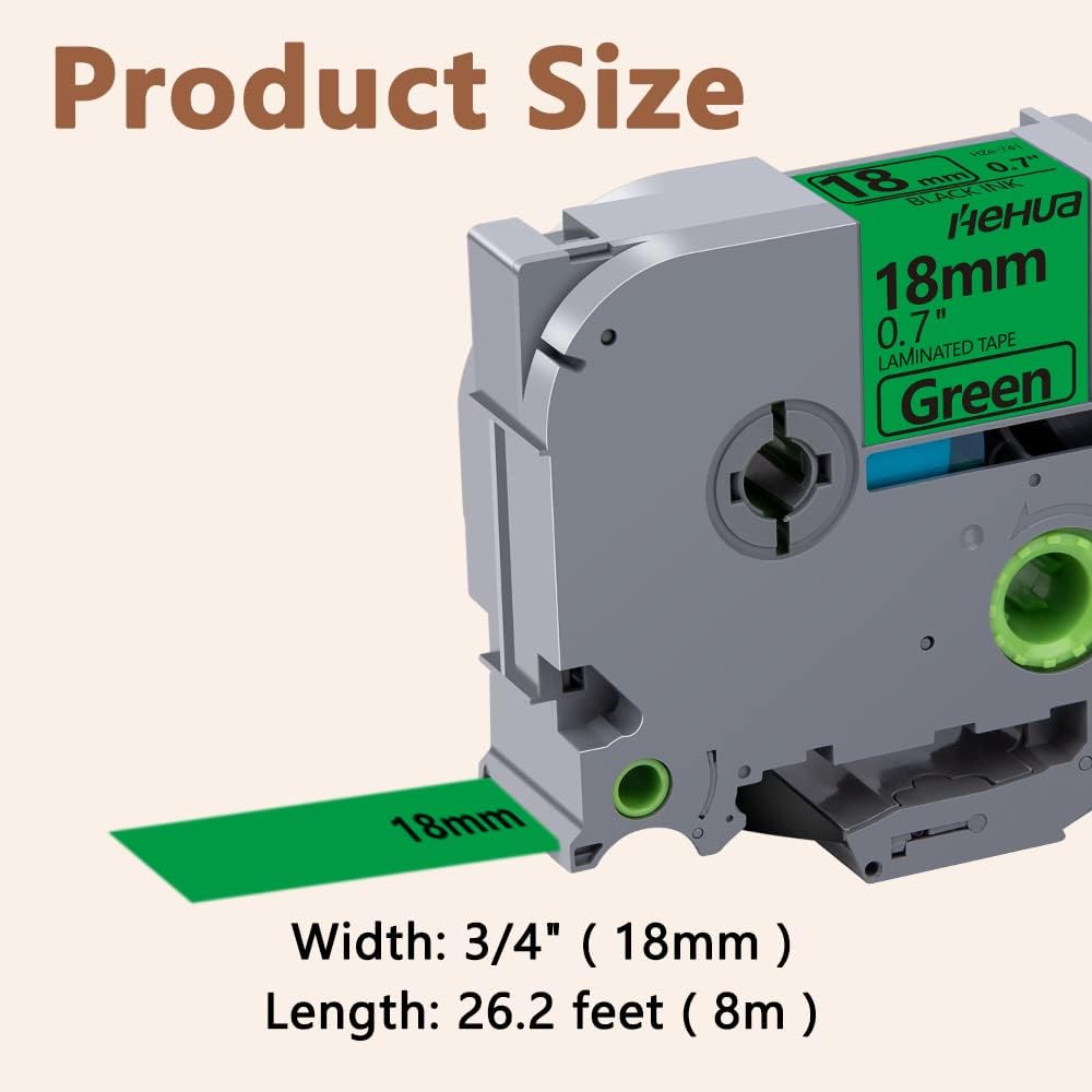 Hehua 18mm 0.7 Laminated Green Tape Compatible for Brother P-Touch TZe-741 TZe741 TZ741 TZ741 TZe TZ Label Tape for Ptouch PT D400 D600 D610 P710bt, 3/4'' x 26.2ft Black on Green, 3 Pack