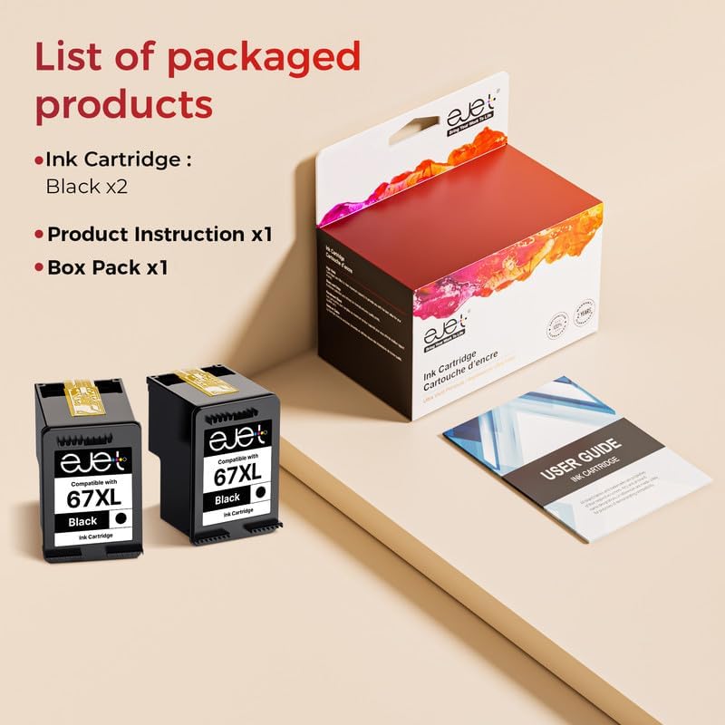 67XL Ink Cartridge (2-Black) Compatible for HP Ink 67 for HP 67XL Black Ink Cartridge High Yield for Deskjet 2700 2700e 2755e 2710e 2720e 4100e 4120e 4155e 4255e Envy 6000 6055e 6420e 6455e Series