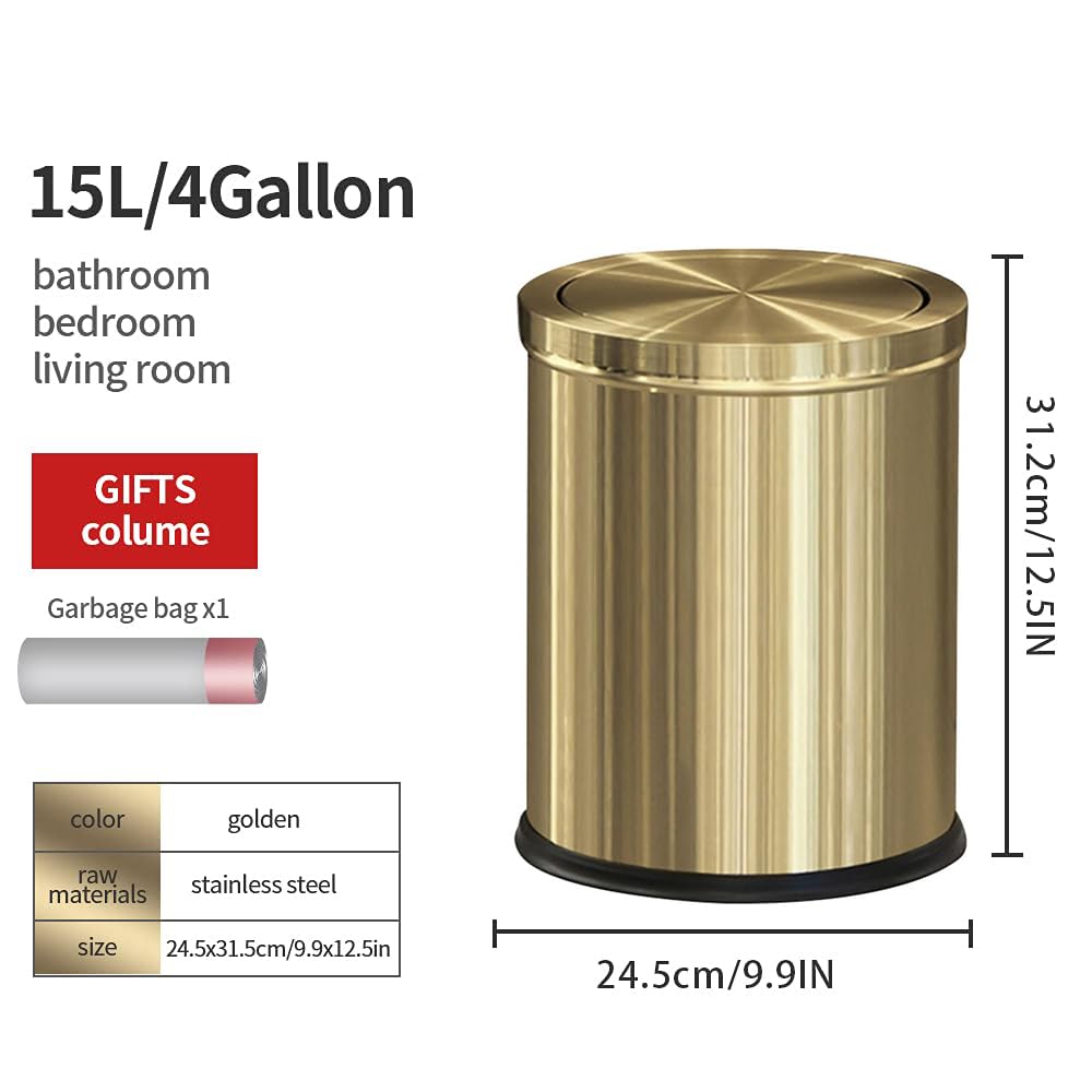15L/4GAL Gold Bathroom Trash Can, Small Waste Basket with Flipping Lid,Modern Trash can, Golden Trash Can for Bathroom,Kitchen,Living Room,Hotel,Office(Singer Gold)