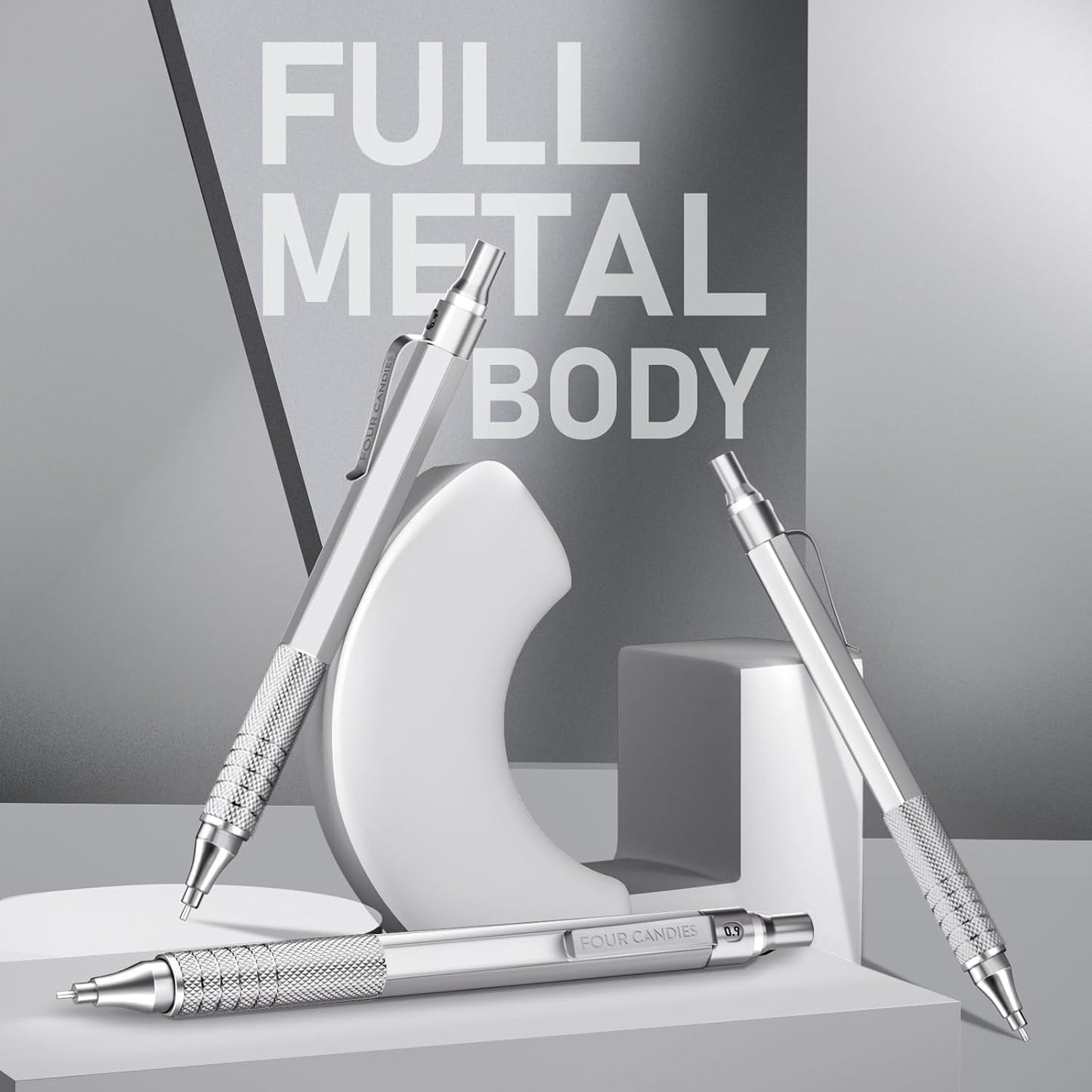 Four Candies 0.9mm Mechanical Pencil Set with Case, 3PCS Metal Artist Lead Pencil with 8 Tubes (480PCS) HB Lead Refills, 3 Erasers, 9 Eraser Refills For Engineer Art Writing Drafting, Silver