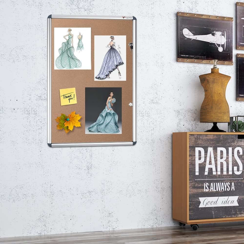 VIZ-PRO Tamperproof Lockable Cork Noticeboard Class 1 Aluminium Framed 48x36 Inches