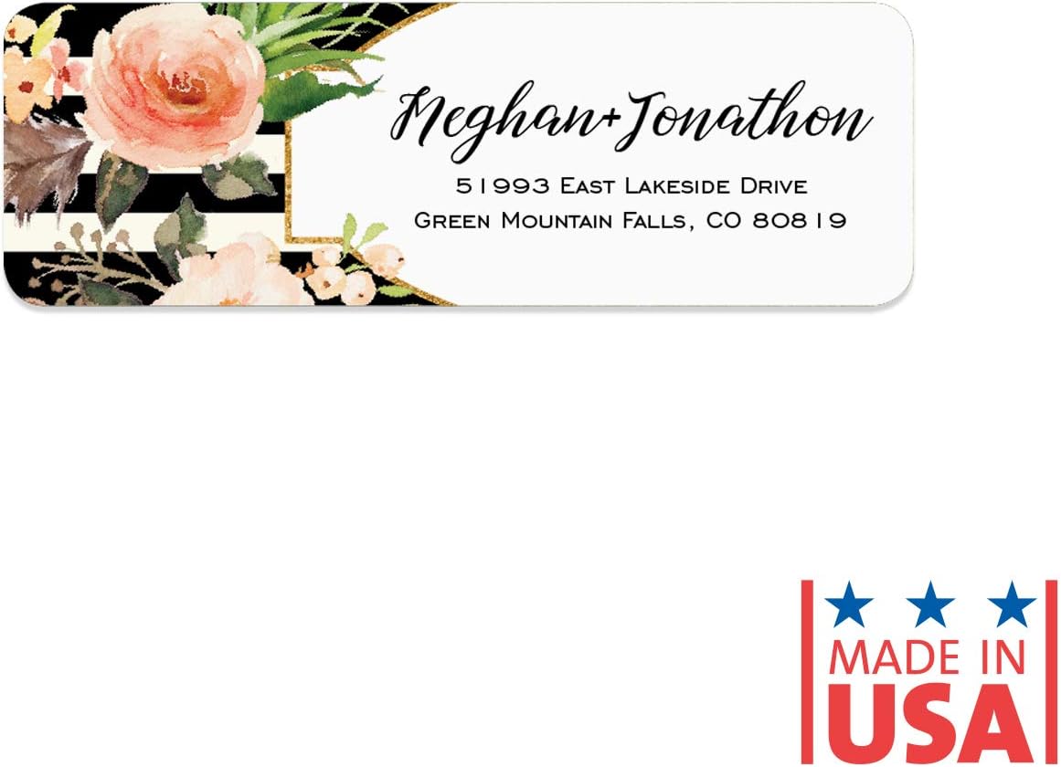 Black and White Stripe Floral Rolled Address Labels/Roll of 250 Personalized Return Address Labels/Designer Return Address Stickers in Elegant Plastic Dispenser