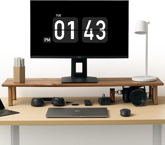 Dual Monitor Stand Riser Acacia Wood, Wooden Desk Monitor Riser for 2 Monitors Supports for Monitor, Printer, Heavy TV Riser up to 130 lbs