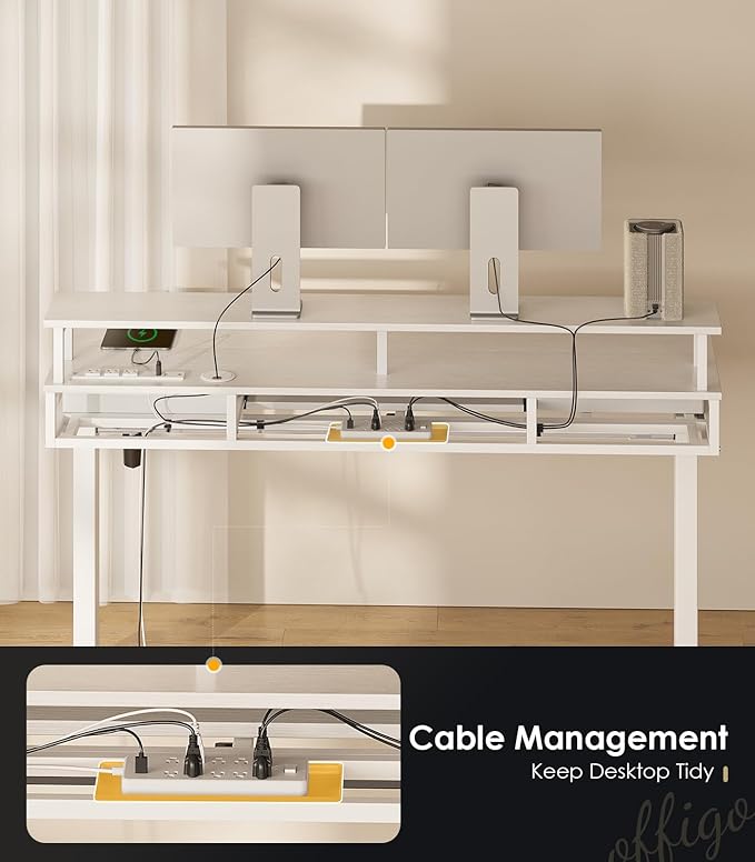 OffiGo Electric Standing Desk with Drawers & Keyboard Tray, 55 Inch Height Adjustable Desk with Power Outlets & LED Lights, Sit Stand Table with Monitor Stand for Home, Office, White