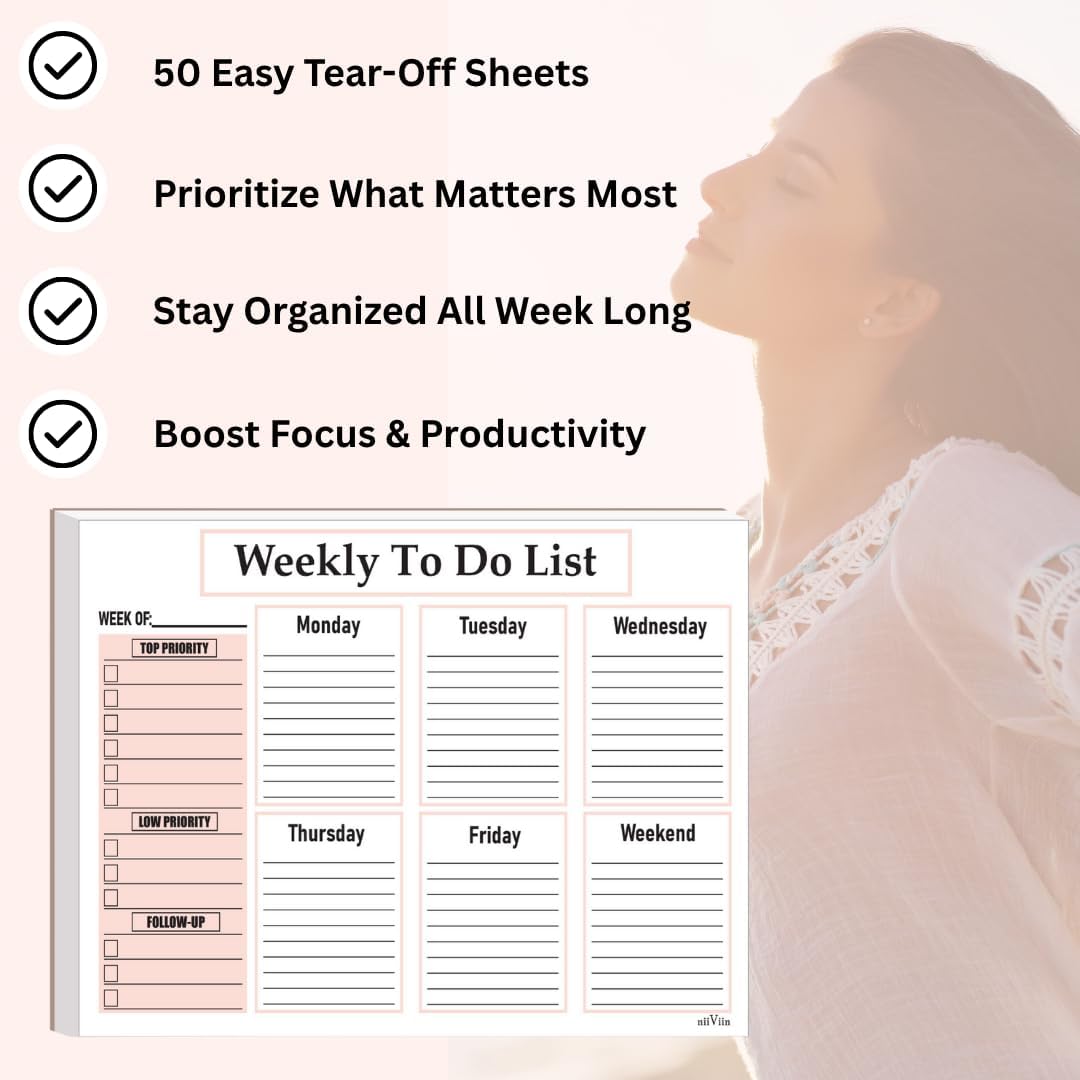 Weekly To Do List Notepad - Weekly Planner Notepad, ADHD Planner for Adults, 50 Tear-Off 8.5" x 11" Sheets, Extra Thick Backing