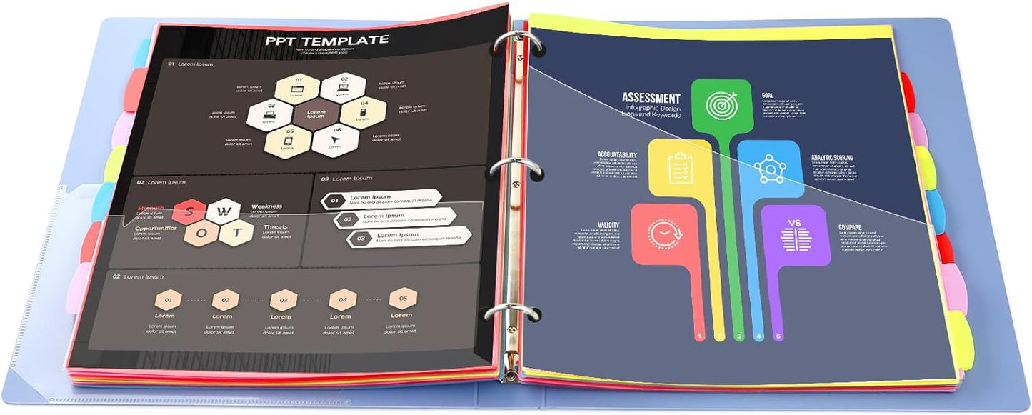WOT I Plastic 8-tab Dividers with 2 Clear Pockets - 6 Sets, Binder Dividers for 3 Ring Binder, Bright Multicolor, Total 48 Tabs