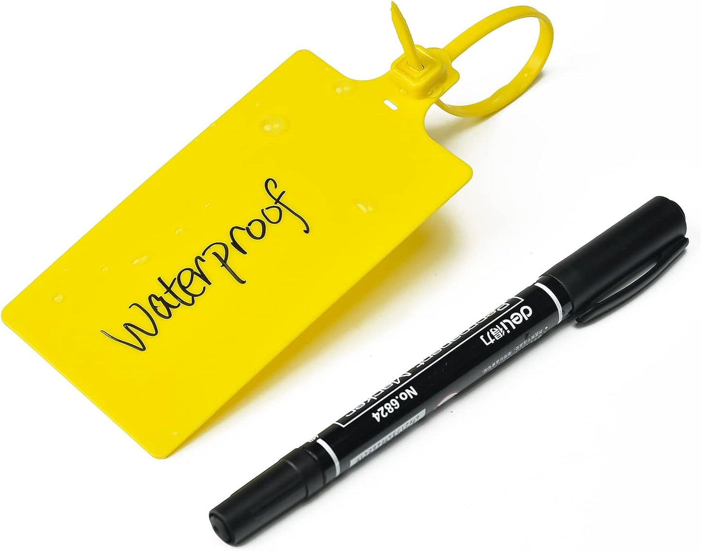 100 Yellow Plastic Writable Shipping Tags - Large, Waterproof, Hanging Labels with One Permanent Marker Pen