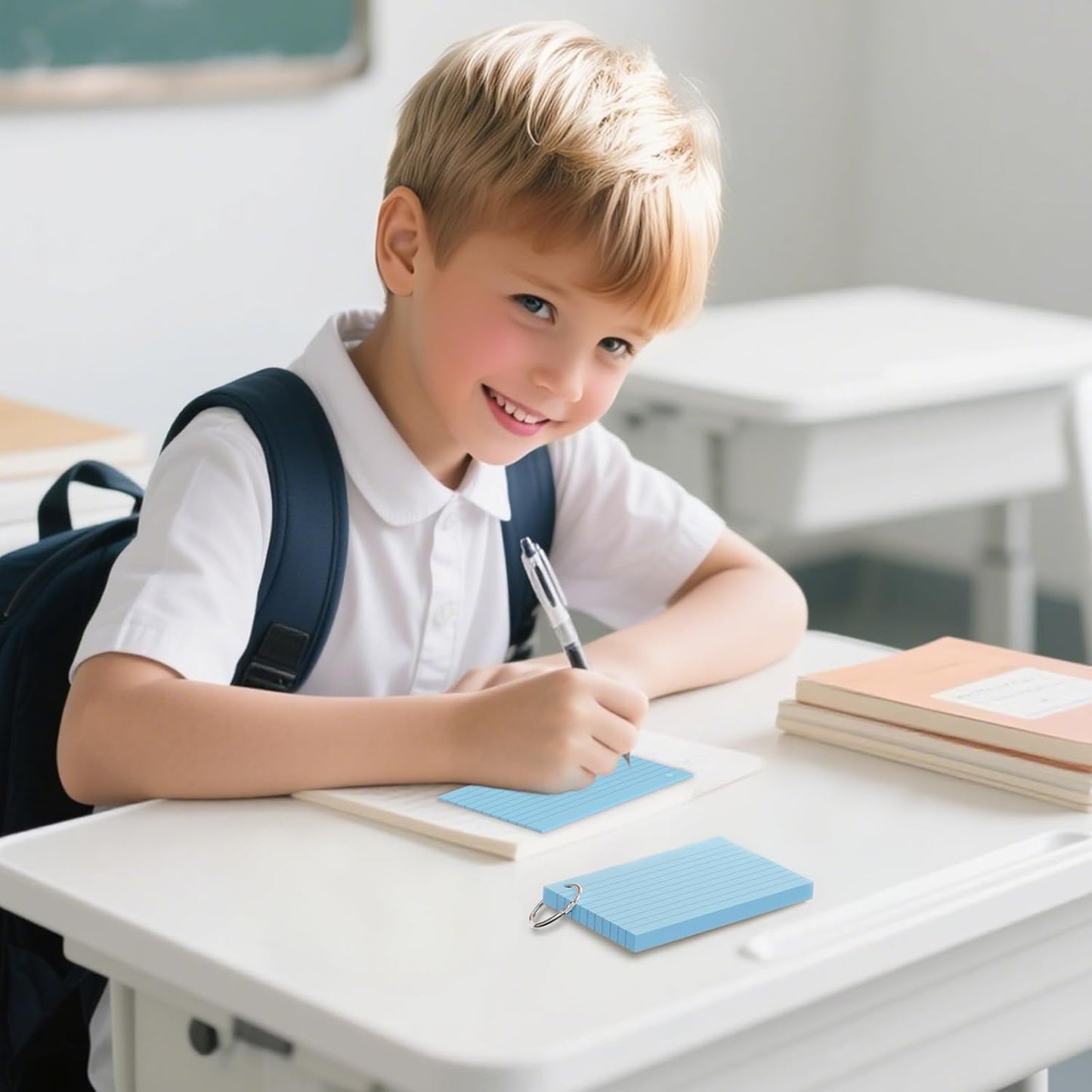 250 Count Blue Index Cards 3x5 Inch with Key Ring, Color Flash Index Card (50 Sheets Each), Durable & Portable Note Taking for Students, Teachers, Study Note Cards for Office Home School