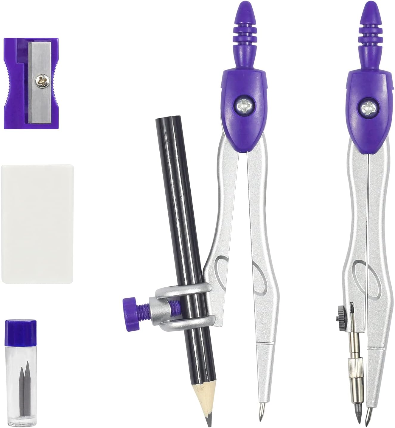 10 Pieces Math Geometry Kit Set Student Supplies with Shatterproof Storage Box,Includes Rulers,Protractor,Compass,Eraser,Pencil Sharpener,Lead Refills,Pencil,for School and Drawings(Purple)