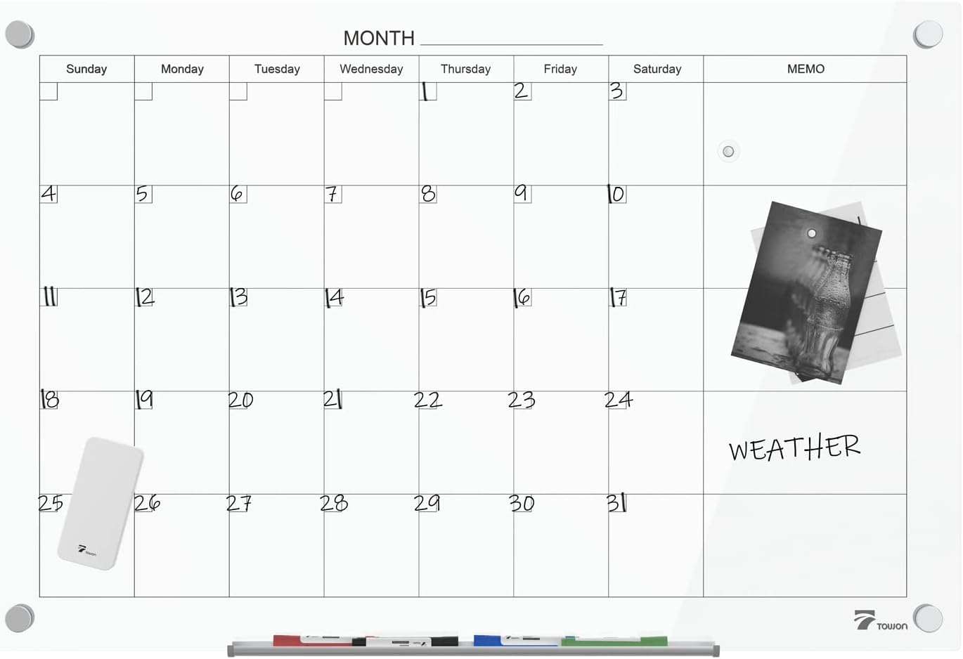 TOWON 47 x 35 Inch Glass Dry Erase Board, Magnetic Whiteboard Calendar, Monthly Planner Set, White