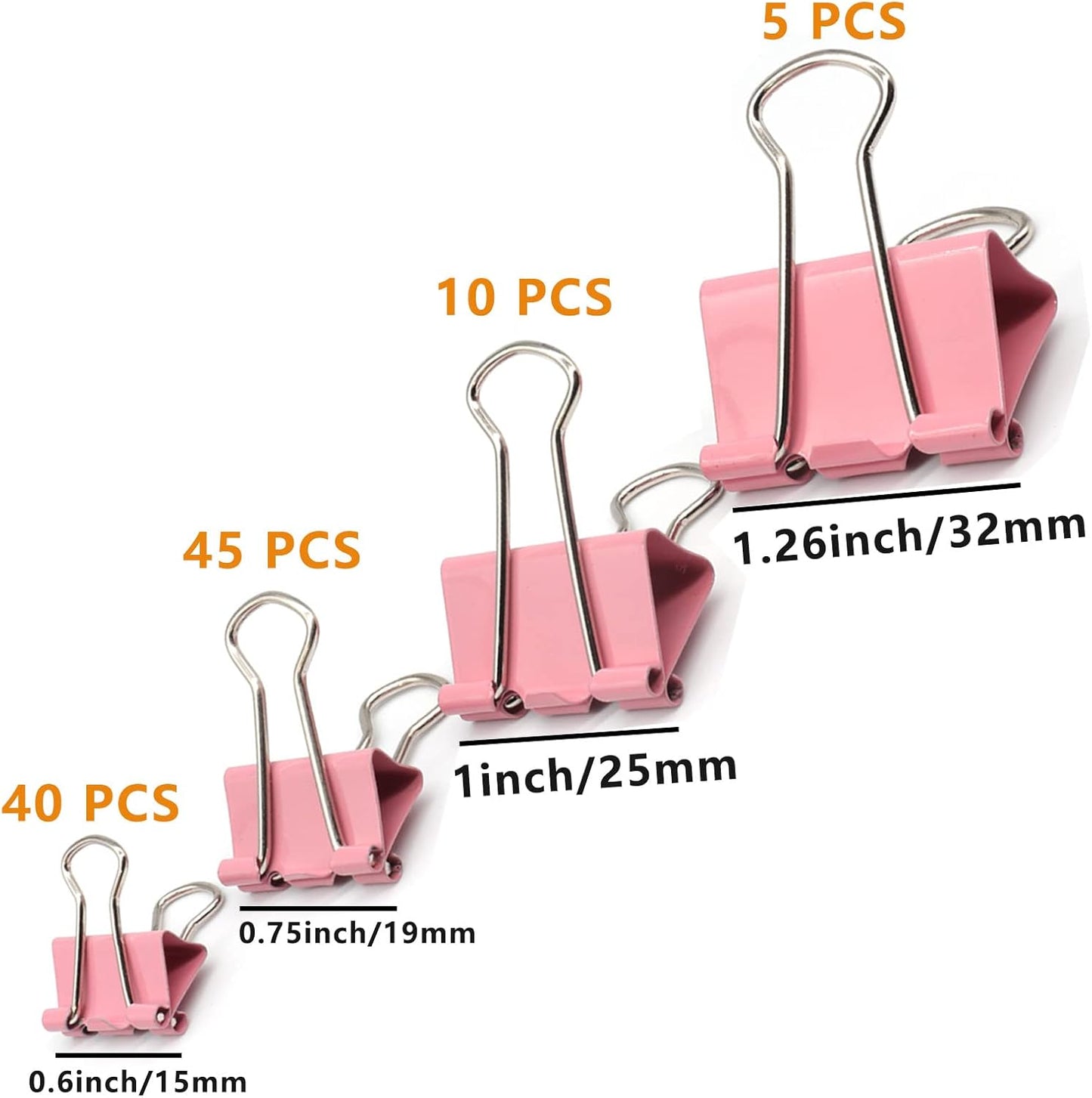 Binder Clip Paper Clamps, Assorted Sizes (Mini, Small, Medium, Large), 100 Pcs Clips for Office School Supplies (Pink)