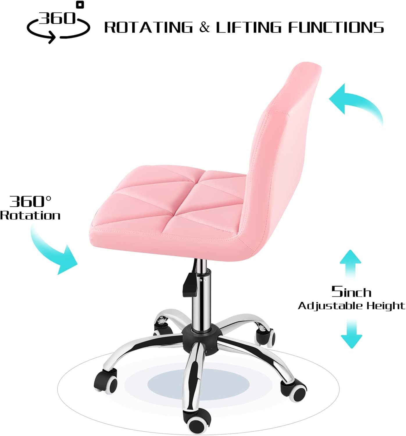 COSVALVE Armless Desk Chair, Mid Back Swivel Office Chair, Adjustable Task Chair with Rolling Wheels and Diamond Pattern, for Home Computer Barber, Pink