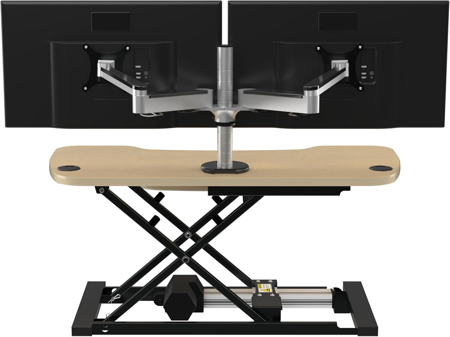 VERSADESK® PowerPro™ Elite 36” x 24" – App Controlled Electric Standing Desk Converter w/USB Charging Port. Raises up to 20”. Fully Assembled – Includes LED Lights. Supports 80 lbs. – Maple