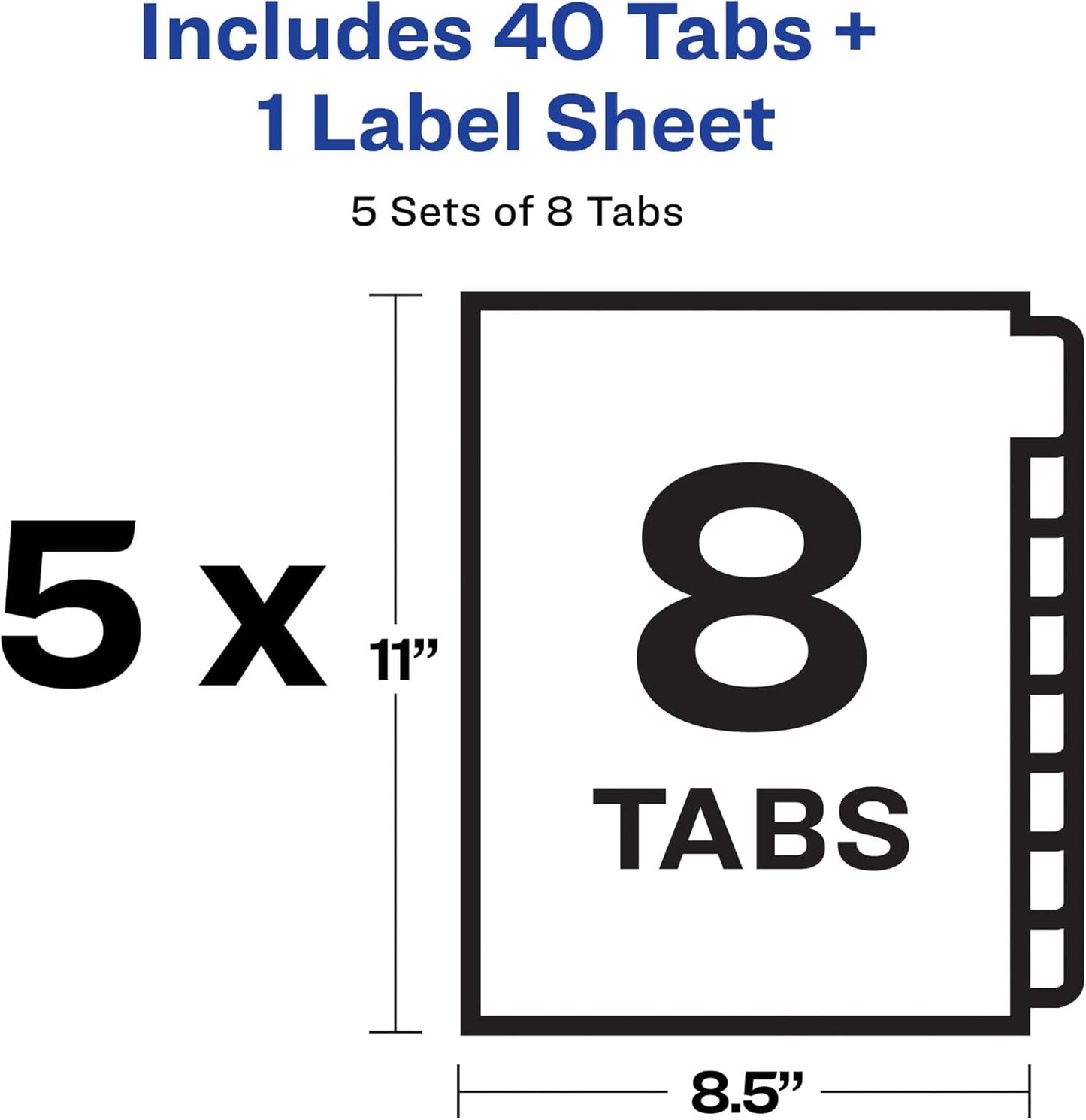 Avery 8 Tab Dividers for 3 Ring Binder, Easy Print & Apply Clear Label Strip, Index Maker Customizable White Tabs, 10-Pack of 5 Sets, 50 Sets Total (11437)