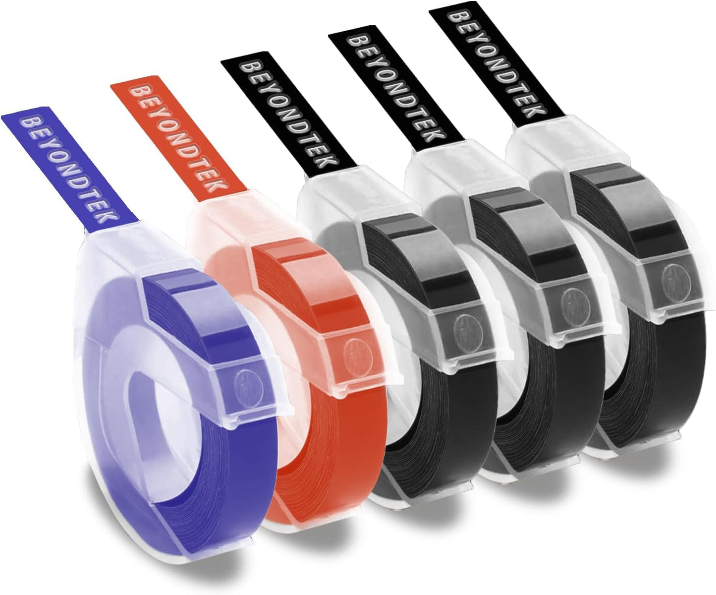Embossing Label Maker Tape Compatible for Dymo 3/8 Embossing Label Maker 3D Plastic Labels for Dymo Organizer Xpress 12965 DYM 12966 Office Mate II (White on Black/Red/Blue) 5-Pack