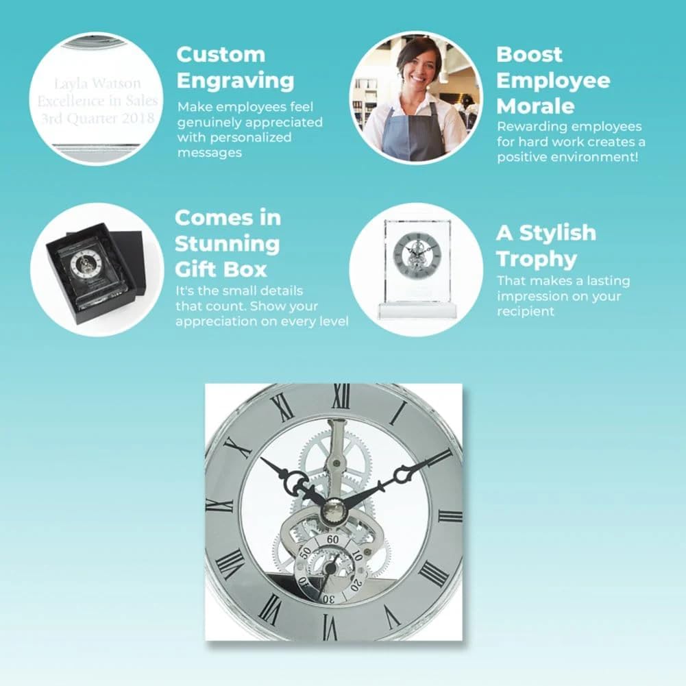 Baudville Engraved Clock Trophy - Executive Crystal - Rectangular Shaped on a Rectangular Base - Silver Inset Time Piece (Rectangle Silver Custom Logo)