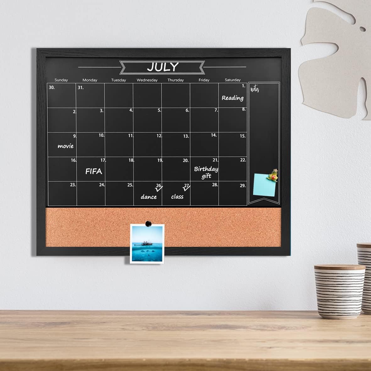 Magnetic Chalkboard Calendar Corkboard, 23.6" x 31.5" Combination Chalk Board Bulletin Board, Blackboard Calendar Cork Combo Board, Black(BK-6080)