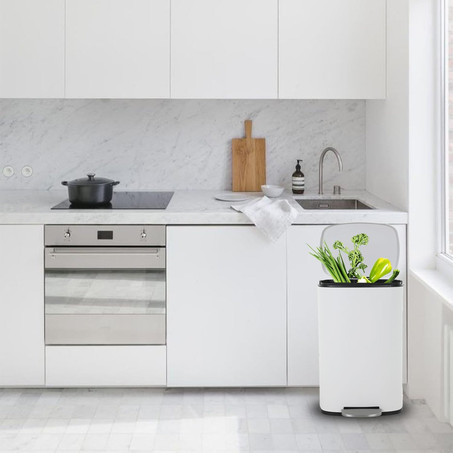 PayLessHere Stainless Steel Trash Can with Lid - Removable Inner Bucket, Foot Pedal Soft Close for Office, Home, Kitchen (White, 13 G)