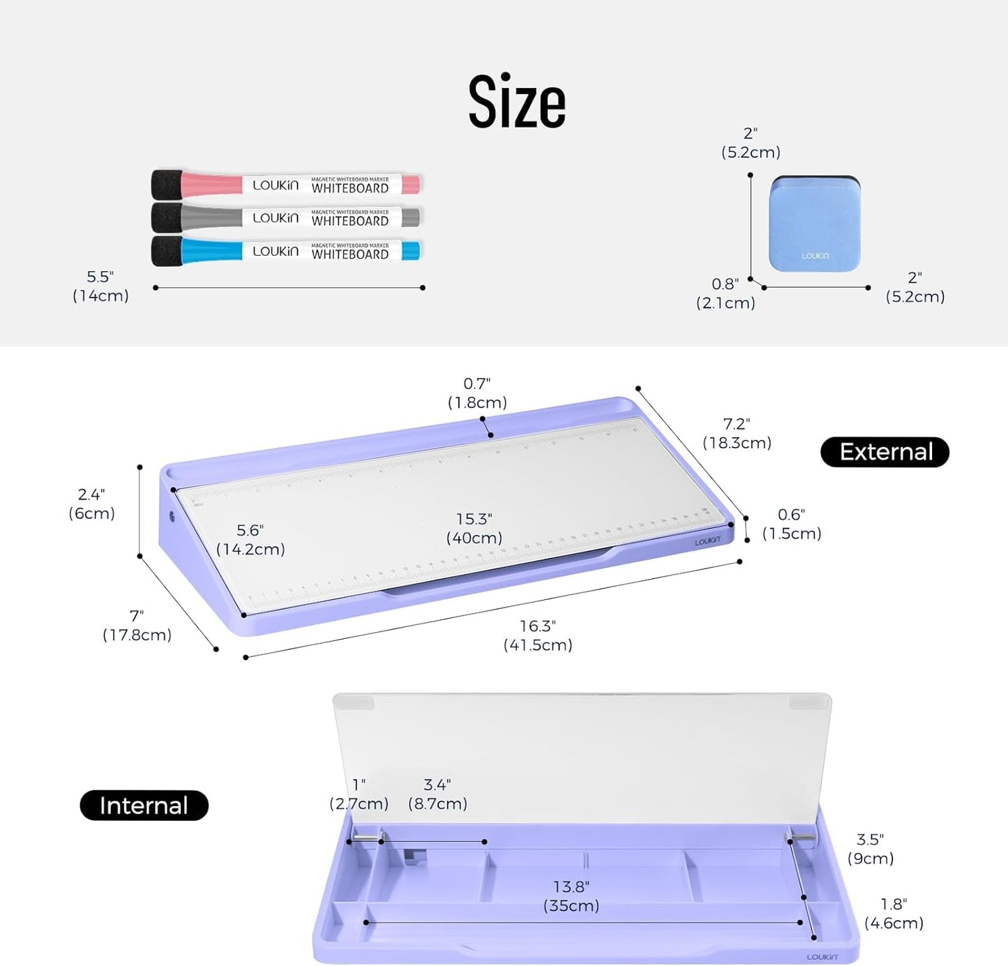 LOUKIN Glass Desktop Whiteboard, 15.3" x 5.6" Dry Erase Desk Board with Dotted and Graduated Surface, Desktop Buddy, Great for Design and Drawing, 3 Markers and 1 Dry Erase Eraser Included (Purple)