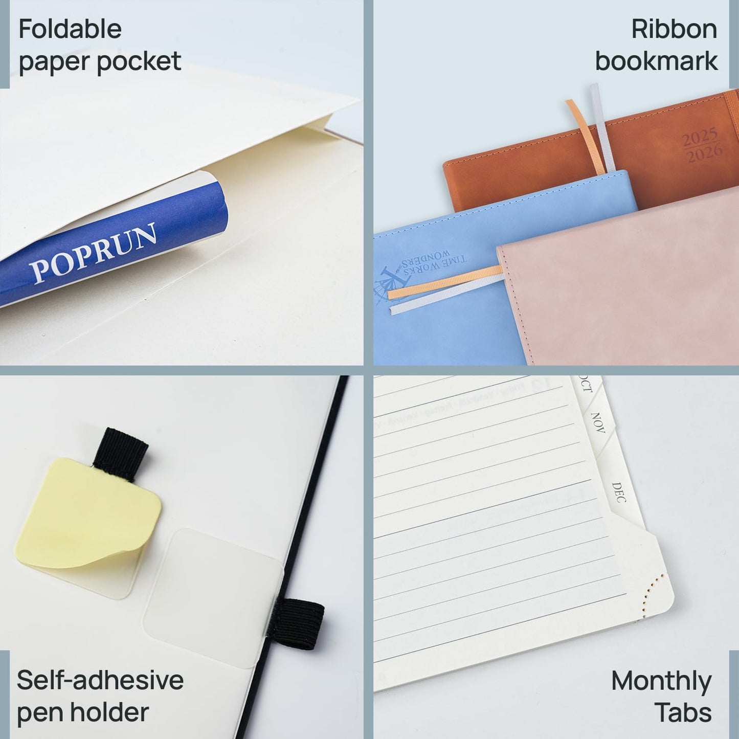 POPRUN Weekly Planner 2026 (Large 8.5" x 10.5") Calendar 12 Months Notebook with Horizontal Layout, Leather Soft Cover, Monthly Tabs, Inner Pocket, 100GSM Thick Paper, Pen Holder - Cerulean Blue