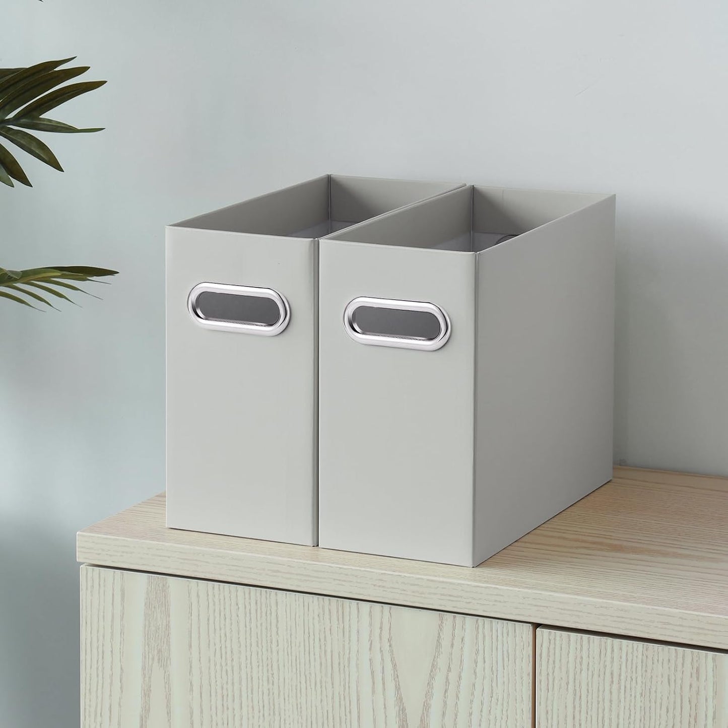 Oterri File Organizer, 2 Packs Small Storage Box, Cardboard File Folder Organizer, Collapsible File Box for Hanging File Folders Letter Size, Portable Filing Organizer with Handle (Grey)