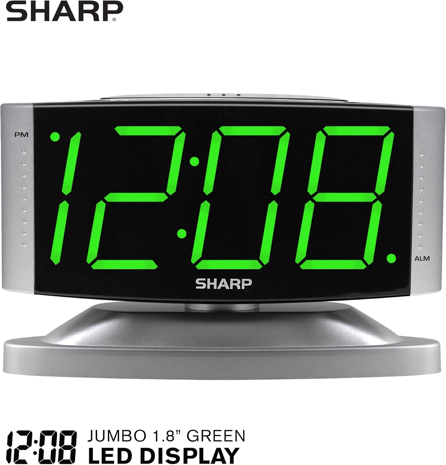 Sharp Home LED Digital Alarm Clock – Swivel Base - Outlet Powered, Simple Operation, Alarm, Snooze, Brightness Dimmer, Big Green Digit Display, Silver Case