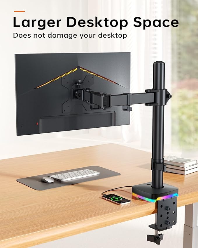 RGB Single Monitor Stand, Monitor Arm with 3 USB Ports, Charging and USB Data Transfer Function, Adjustable Desk Mount for 13"-27" Monitors up to 17.6lbs, VESA 75x75mm 100x100mm, Ergonomic Design