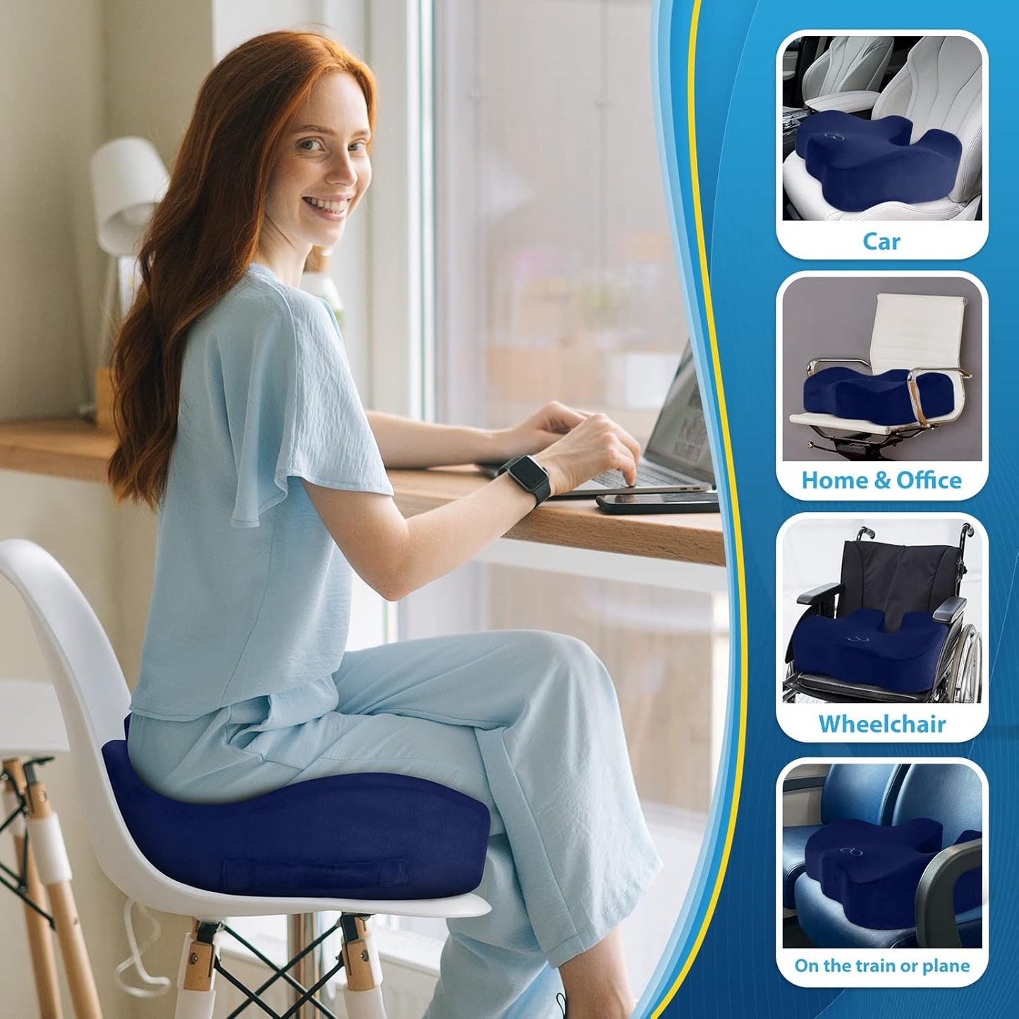 BlissTrends Seat Cushion,Thick Memory Foam Cushions for Office Chair, Car Seat, Airplane, Relieving Pressure Tailbone Sciatica Back Pain for Long Sitting Office Workers, Car Drivers 4.7in Thick Blue