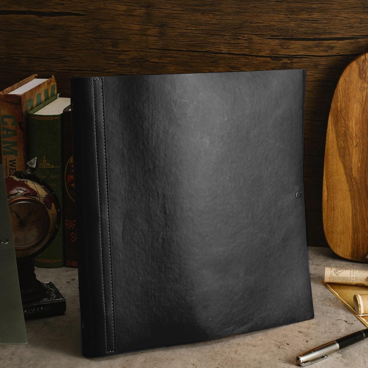 Leather 3 Ring Binder Holds 8.5 x 11 Inch Paper Binder Organizer Vintage Faux Leather Portfolio Folder Planner for Office Home Document Photo Diary Supplies(Black)
