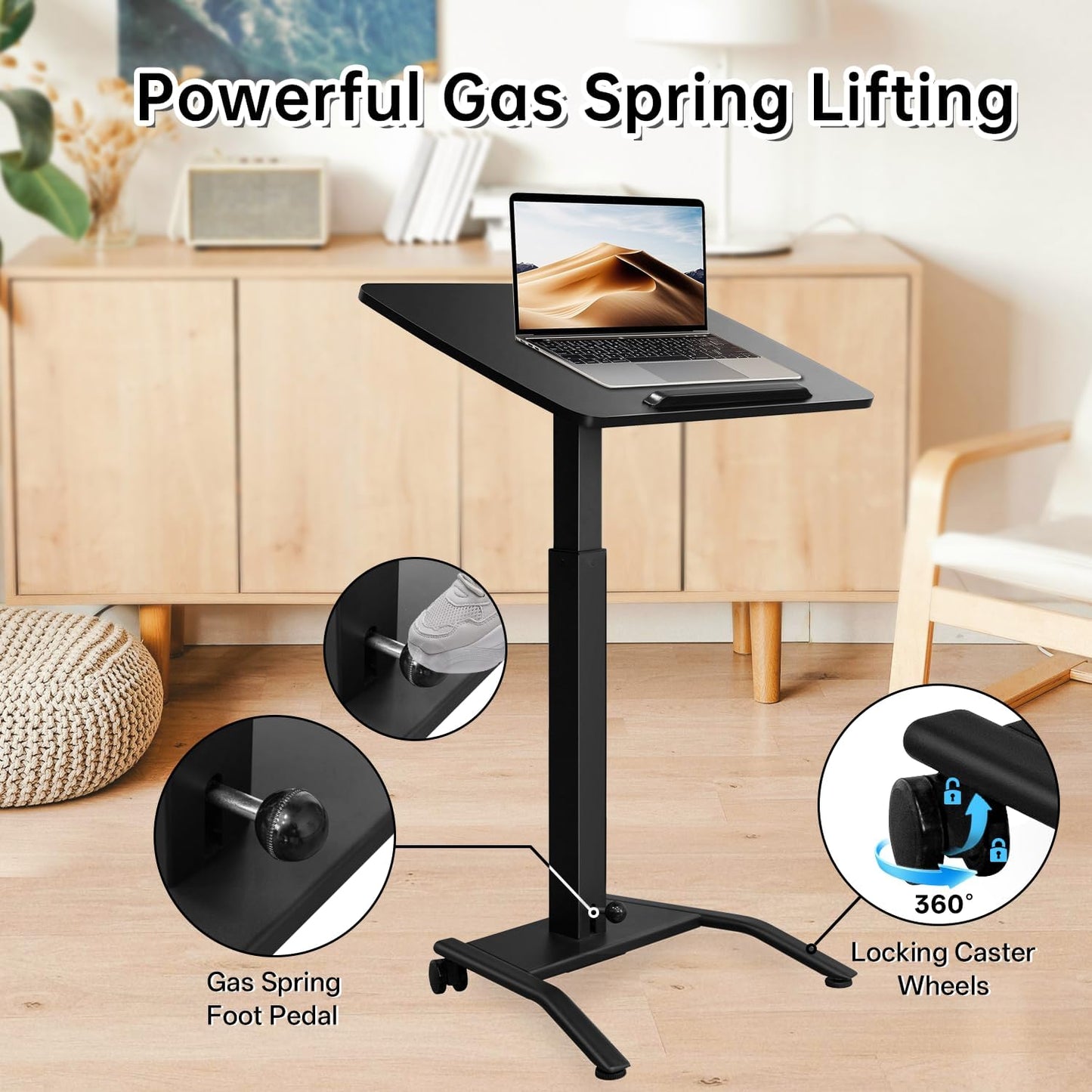 Mobile Standing Desk with 45° Tilting Desktop, Portable Rolling Standing, Height Adjustable Sit Stand Foldable with Wheels, Mobile Desk Workstation for Home Office (Black, Large)