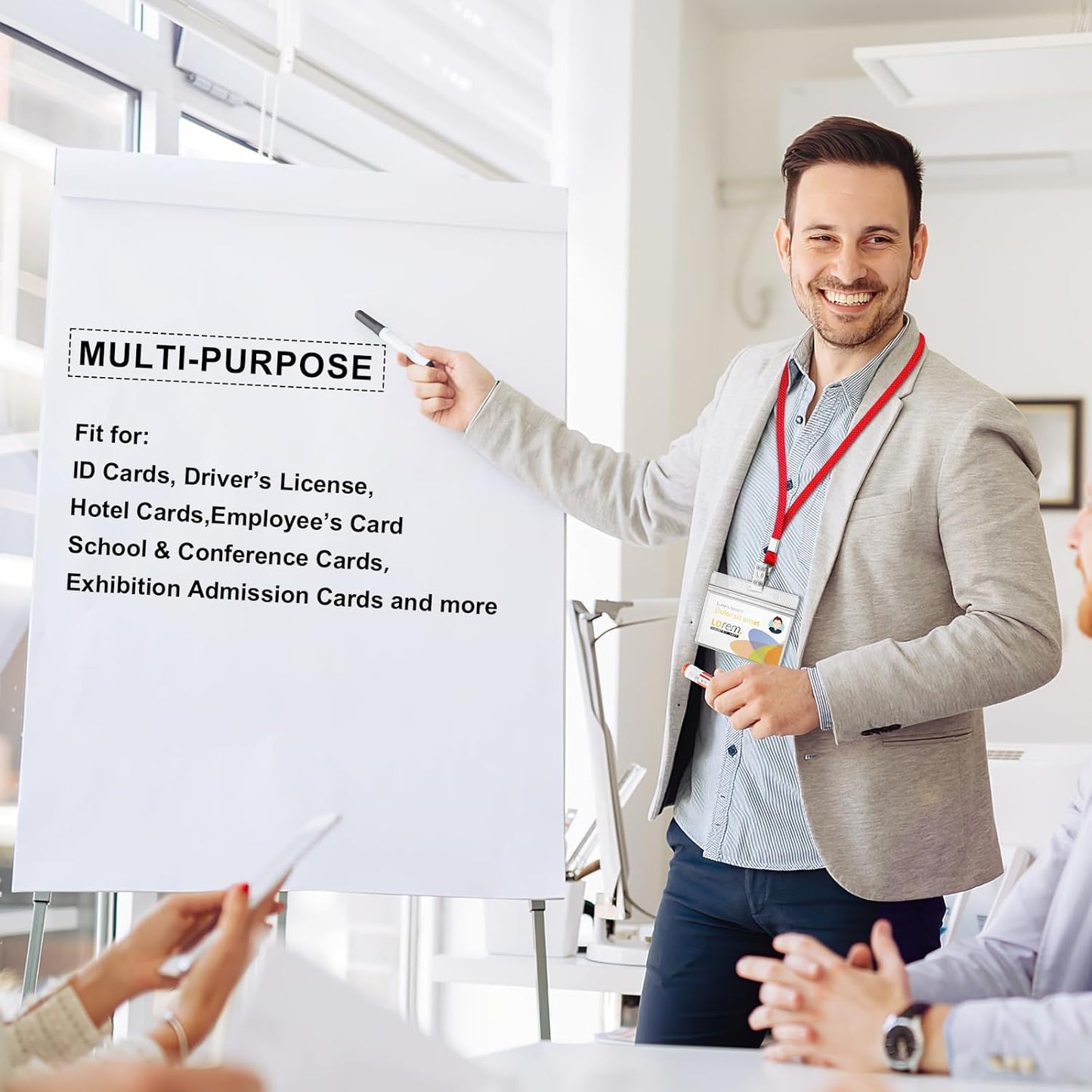 100Pcs Lanyards for ID Badges and 100 Pcs Clear Plastic Horizontal Name Badge ID Card Holders, Flat Neck Lanyards with Clip Waterproof Resealable Name Tag Badge ID Card Holders (Red)