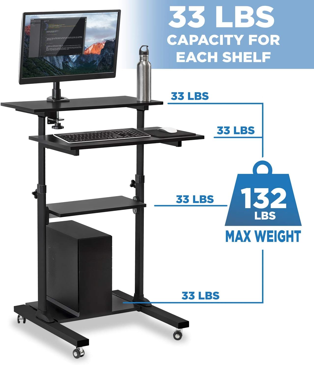 Mount-It! Mobile Standing Desk Cart, Height Adjustable Rolling Stand Up Desk, Computer Workstation for Office, School, Teachers, 27.5" Wide Podium Platform, Locking Wheels in Black Rises 37" to 54"