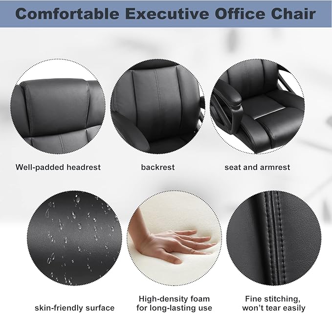 Executive Office Chair, Ergonomic Home Office Desk Chair with Wheels, Thicken Armrest and Lumbar Support, Upholstered Leather Mid-Back Computer Gaming Chair (Black, Set of 4)