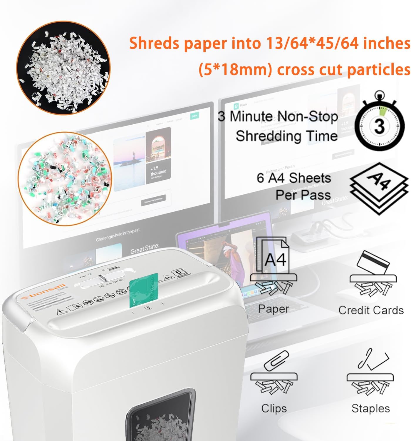 Bonsaii Low Noise Operation Paper Shredder, 6-Sheet Cross-Cut, Credit Card Shredder, Home Office, Handle for Document, Mail, Staple, 3.4 Gal Wastebasket, Easy-Carry Handle, White(C237-B)