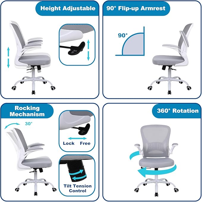 Youhauchair Mesh Office Chair, Ergonomic Home Office Desk Chairs with Flip-up Arms and Lumbar Support, Height Adjustable, Grey
