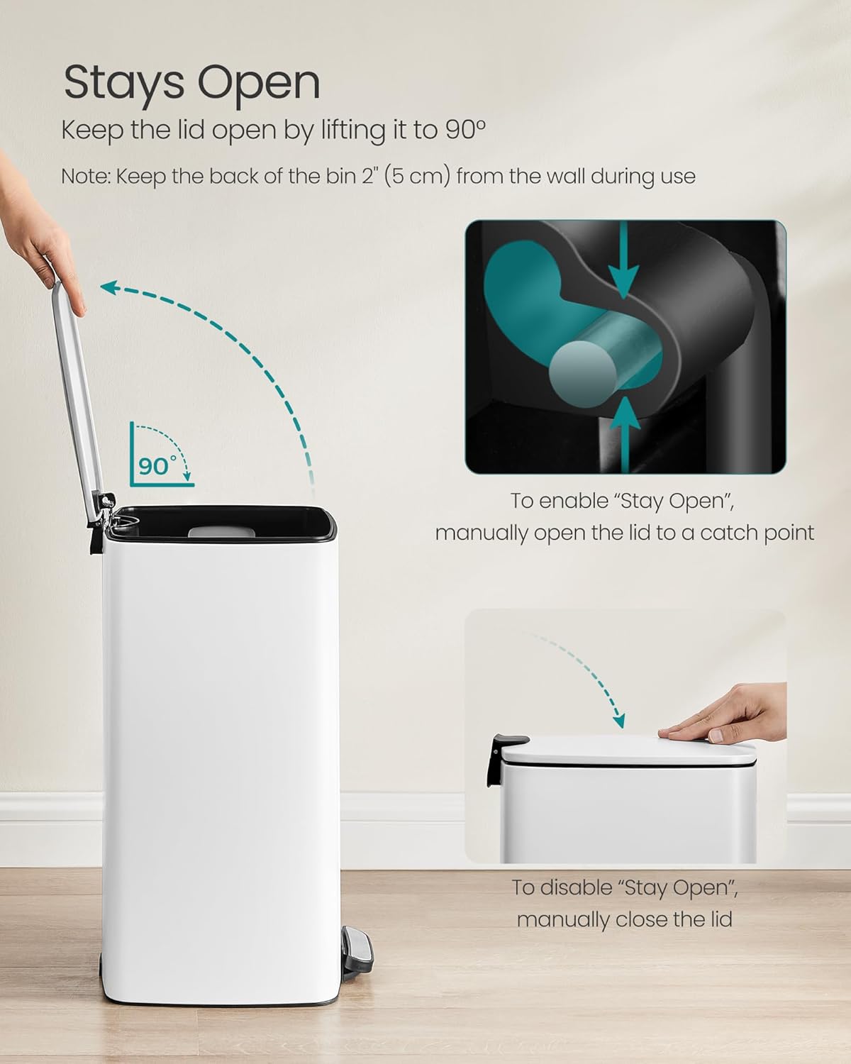 SONGMICS Kitchen Trash Can, 8-Gallon (30 L) Trash Bin, Stainless Steel Garbage Can, with Inner Bucket, Soft Close and Stays Open, Cloud White ULTB593W01