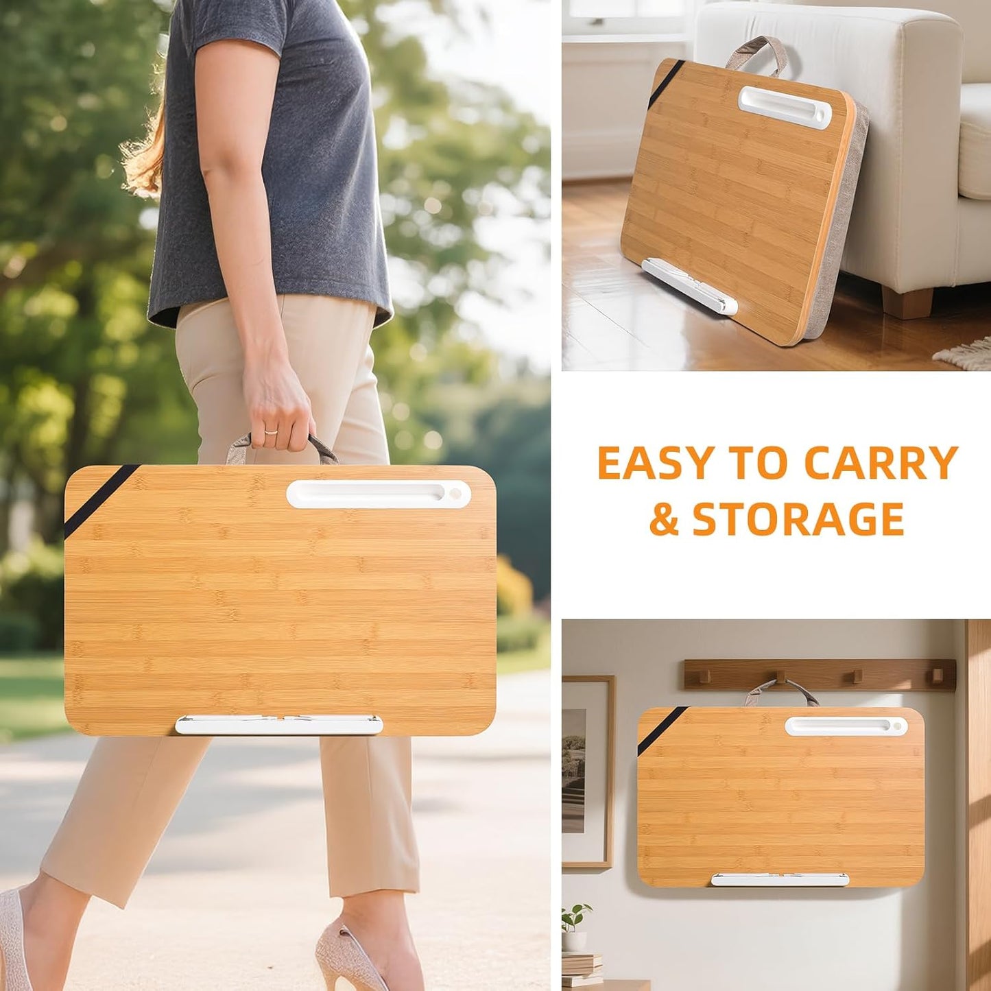 wishacc Portable Bamboo Lap Desk Tray, Natural Wood, Large 21.1 x 12.9 Inch, for Home Office