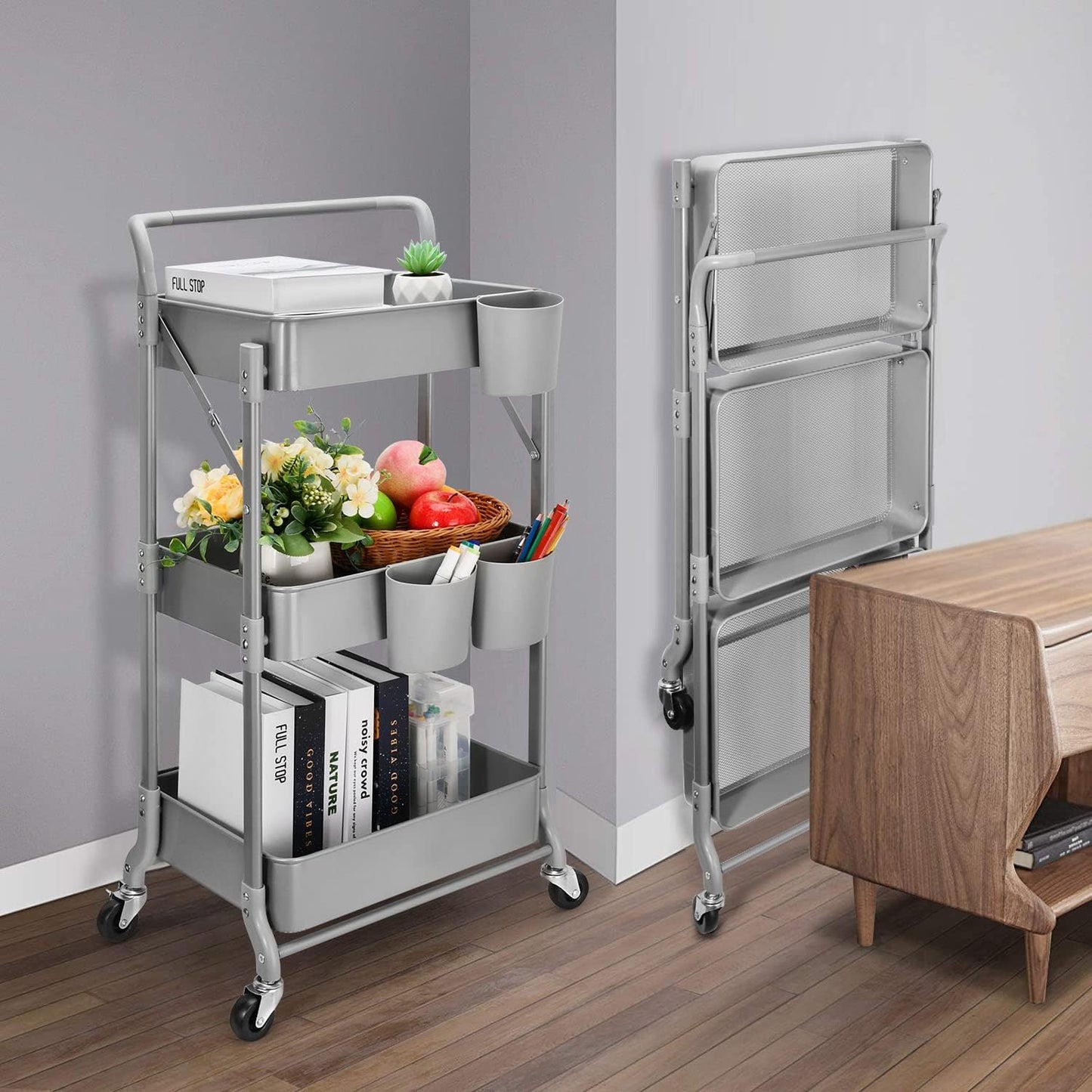 Foldable 3 Tier Metal Utility Rolling Cart, Folding Mobile Multi-Function Storage Trolley Organizer Cart for Home Library Office(Grey)