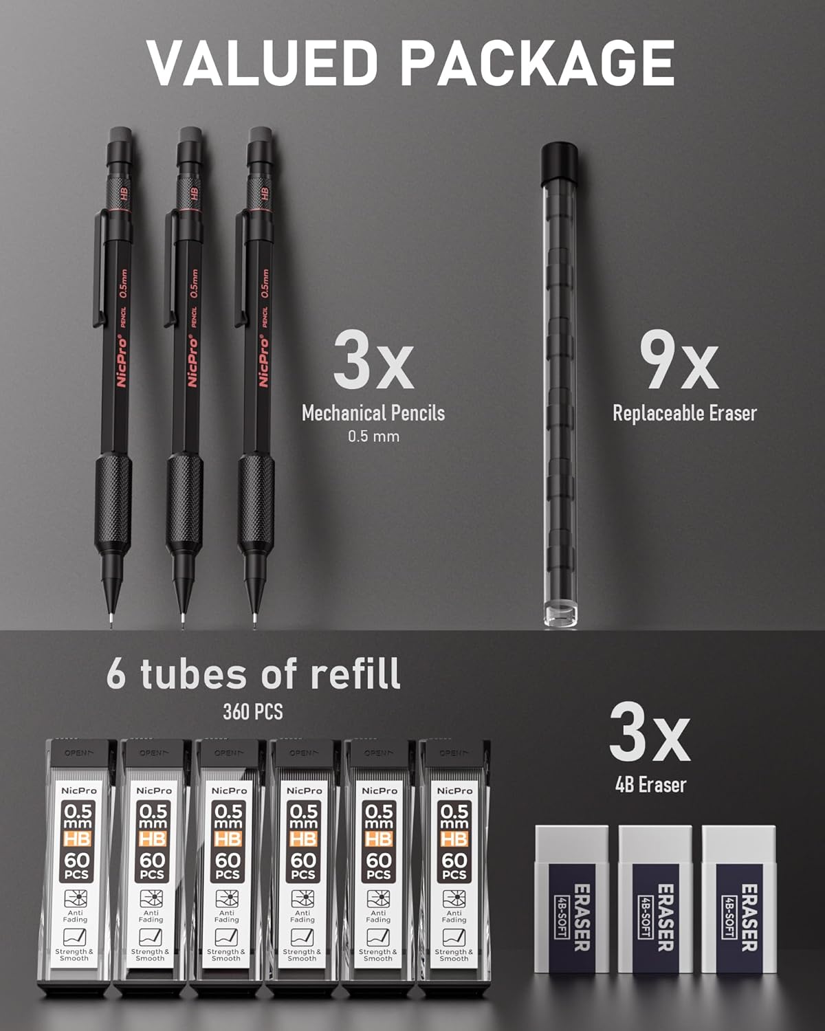 Nicpro 0.5 mm Mechanical Pencil Set with Case, 3PCS MP2000 Metal Artist Mechanical Pencil With 6 Tube HB Lead Refills, Eraser, Weatherproof Barrel for Outdoor Writing Drafting Drawing Sketching