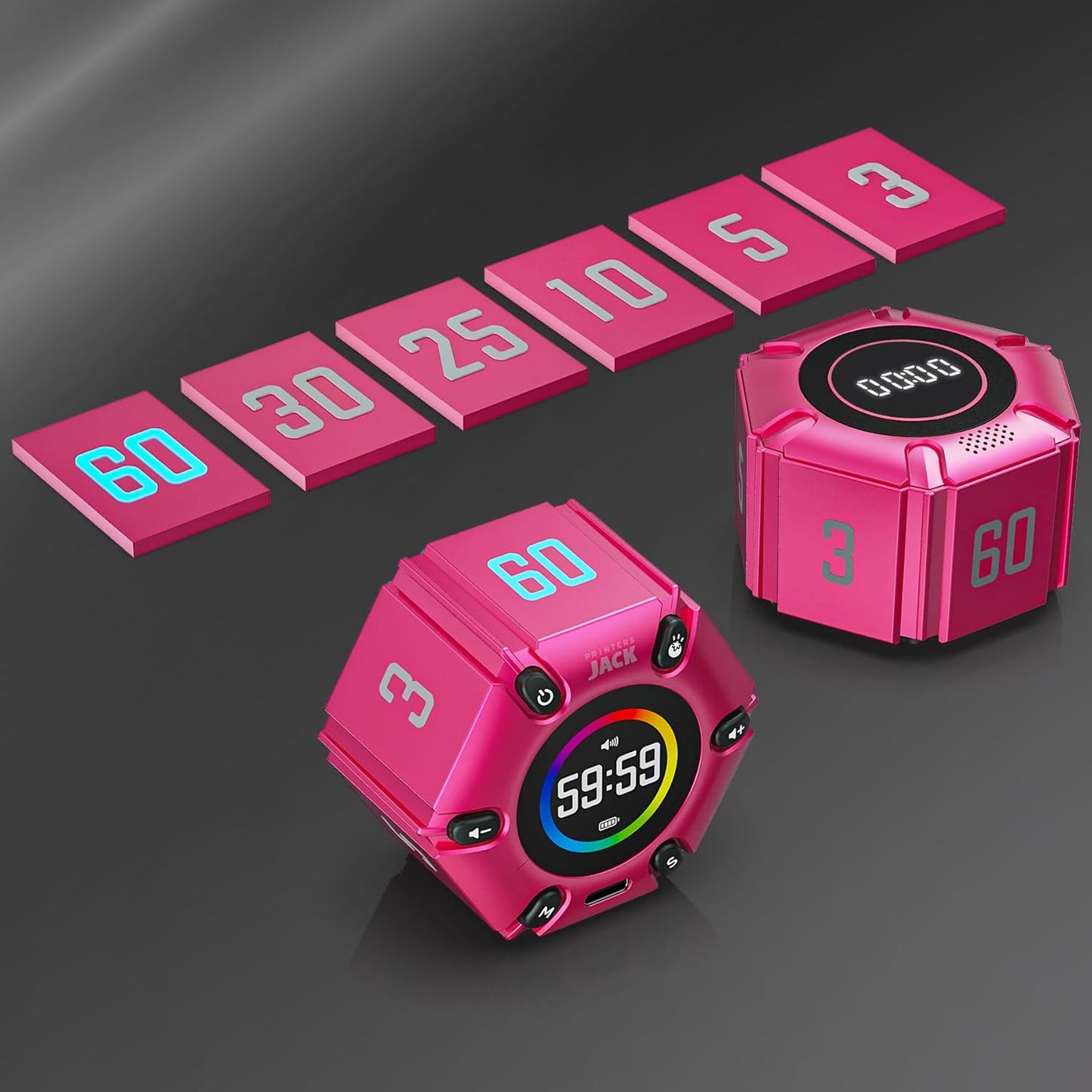 Printers Jack, Visual Pomodoro Timer, Productivity Cube Timer, Mute & Vibration & Adjustable Sound Alert, for Office, ADHD, Study, Work, 3/5/10/25/30/60min & Custom Countdown - Hot Pink