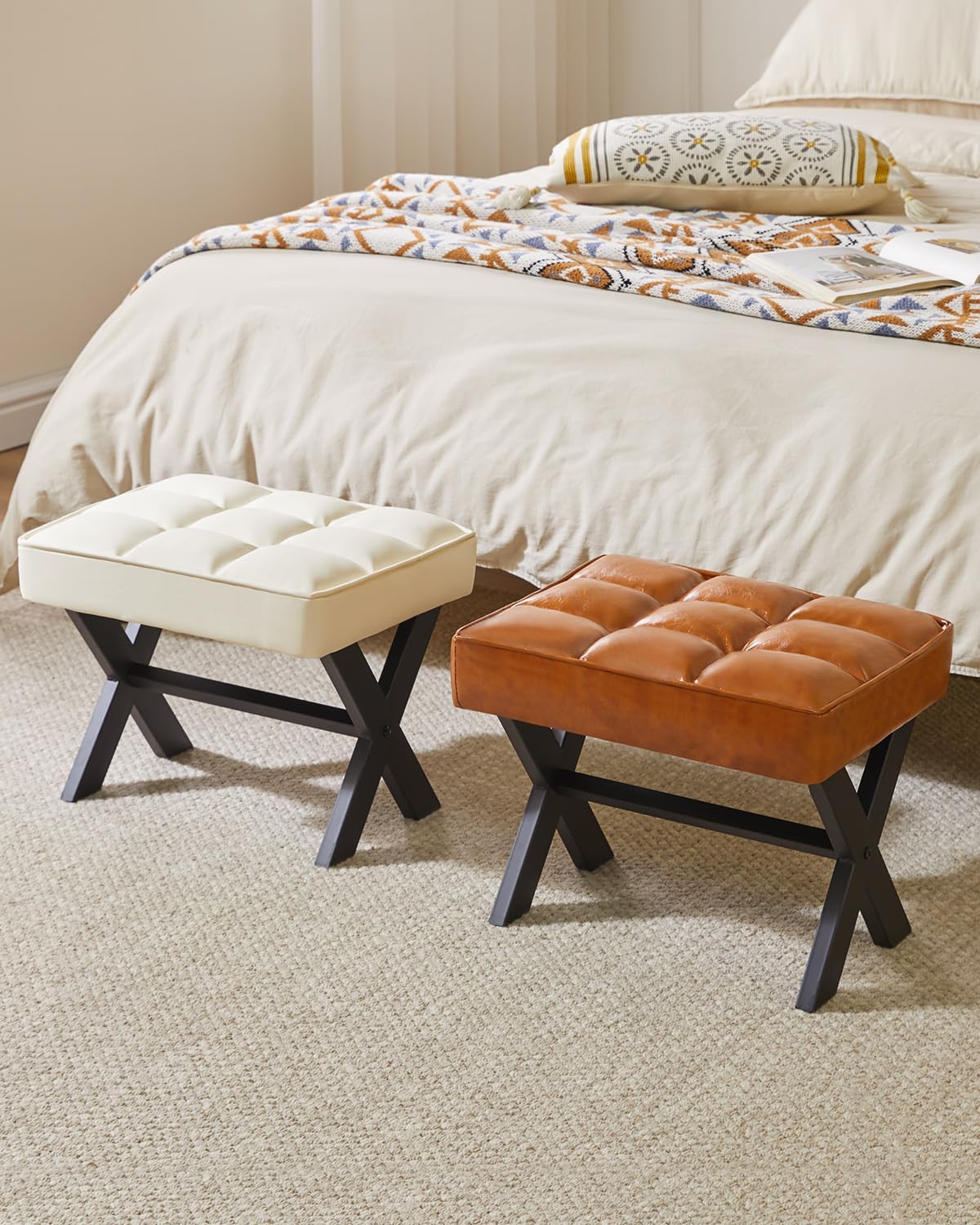 IBUYKE Small 12" H Footrest Stool, Square PU Foot Stool with Metal X-Leg, Multi-Use as Small Side Table, Step Stool for Living Room, Bedroom, Entryway, Office, White WBD012W