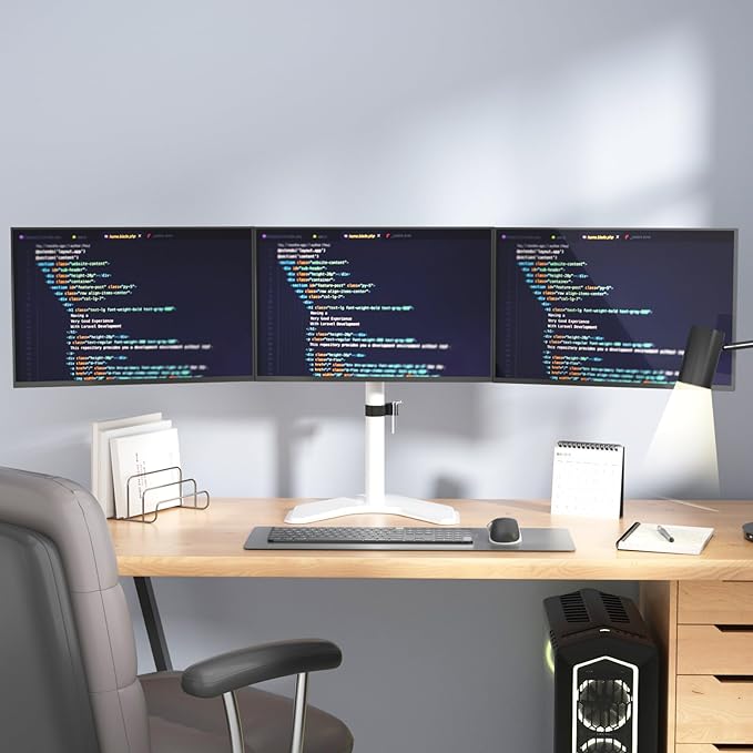 WALI Triple Monitor Stand, Free Standing Three LCD Monitor Fully Adjustable Desk Mount Fits 3 Screens up to 27 inch, 22 lbs Weight Capacity per Arm (MF003-W), White