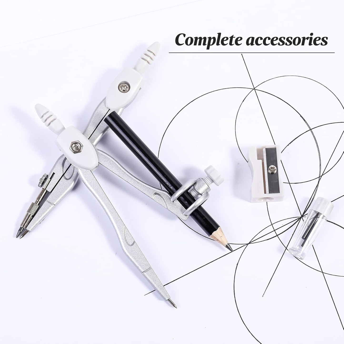 Math Geometry Kit Sets 10 Piece Student Supplies with Shatterproof Storage Box,Includes Rulers,Protractor,Compass,Eraser,Pencil Sharpener,Lead Refills,Pencil,for Drafting(White)