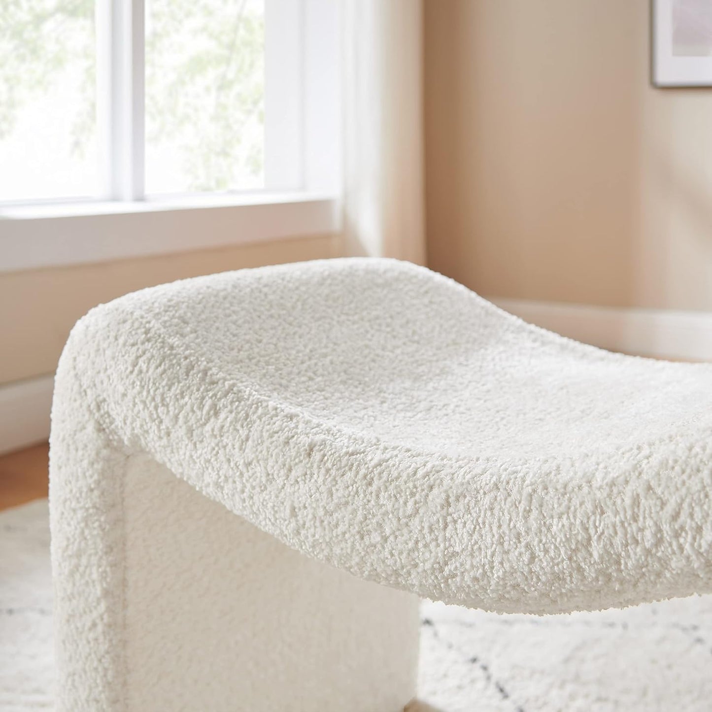 Modern Boucle Ottoman, Vanity Stool Chair, Foot Stool with Wooden Legs Sofa Bench Footstool Extra Seat for Vanity, Makeup Room, Living Room, Entryway, Set 2, White