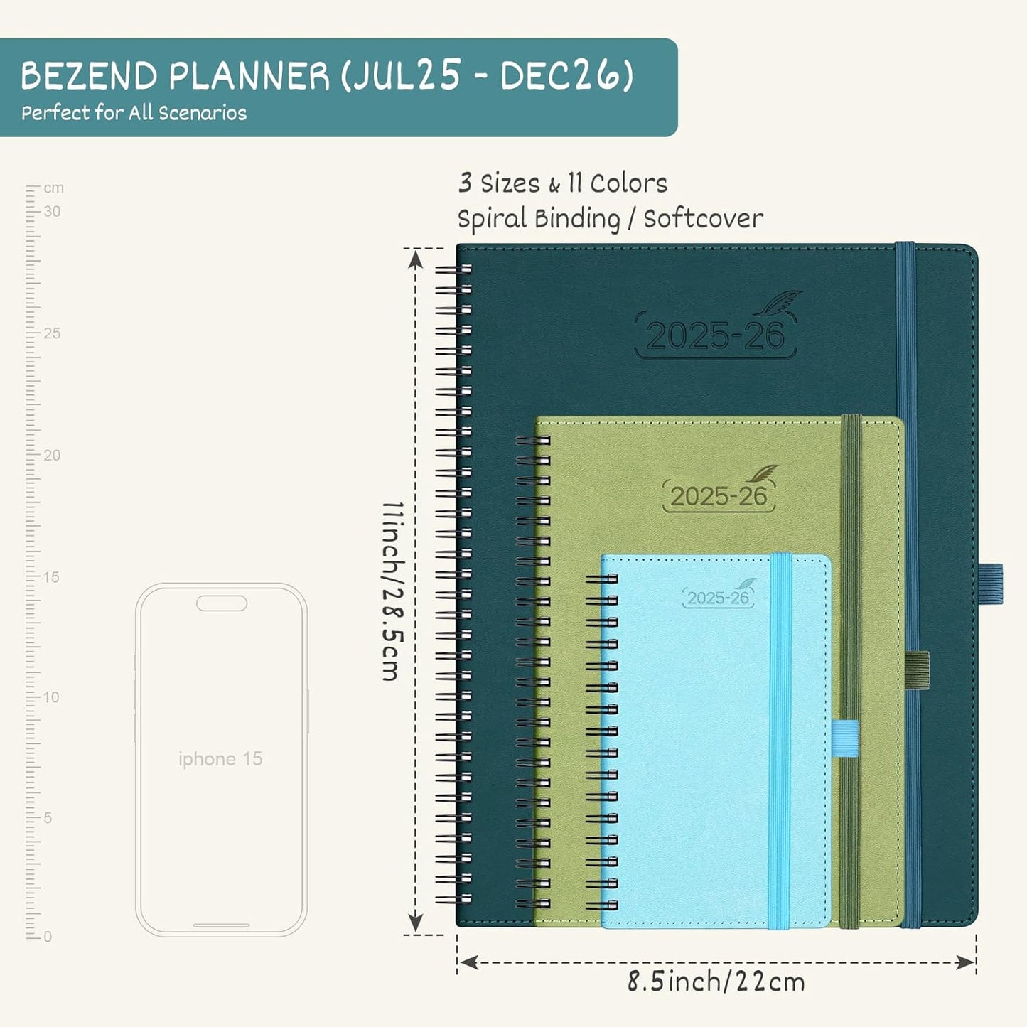BEZEND Planner 2025-2026 Weekly and Monthly, 8.5" x 11" Academic Calendar (Jul 25-Dec 26) Vertical Daily Appointment with Hourly Timeslot & Monthly Tab, Spiral, PU Leather Softcover - Blueberry