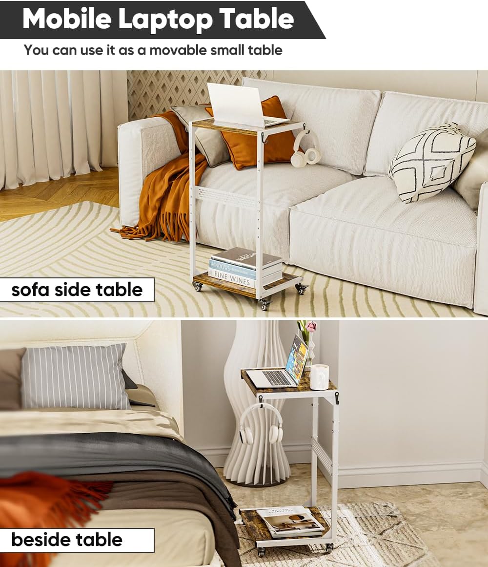 Computer Tower Stand, 2-Tier Metal CPU Holder Stand with Lockable Wheels, Adjustable Under Desk PC Shelf, Mobile Rolling Computer Cart for Home, Office, Gamers and Students, White