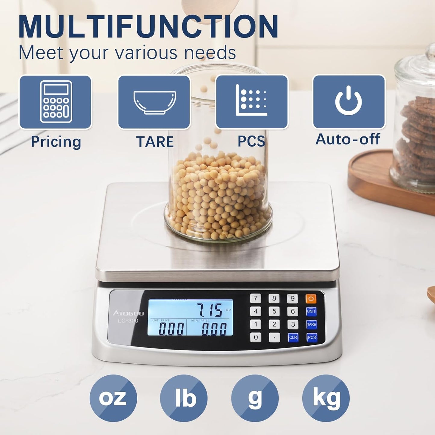 66lb Food Scale, Commercial Kitchen Scale with Price Computing, Plug-in Usable, 0.05oz/1g, 304 Stainless Steel, for Cooking, Vegetables, Farm, Industry, Counting. LC300 Silver