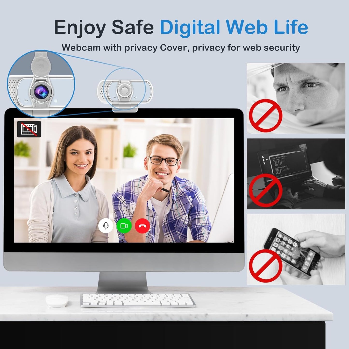 1080p White Webcam with Microphone, USB Web Camera 110-Degree View Angle Computer Camera,Webcam Tripod/Privacy Cover/USB C Adapter Include,Plug and Play Web Cam for Video Conferencing Streaming