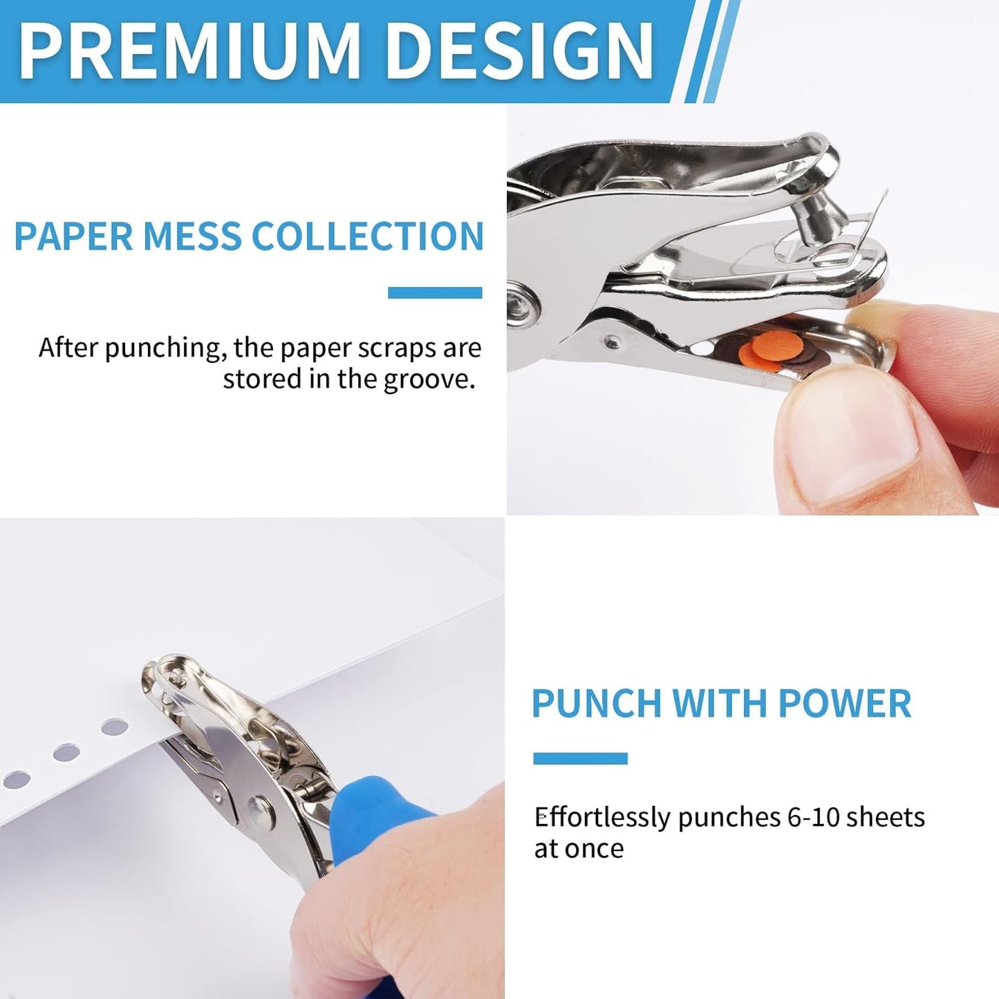 Single Hole Punch, 2 Pcs Hand Hole Puncher with Soft Grip Handle, 1/4" and 1/8" Small Hole Paper Punch for Crafts, Scrapbooks, 6 Sheets Capacity, Tags, Tickets - Blue